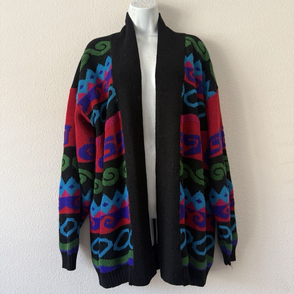 Vintage 80s JJ Browne Geometric Knit Open Front Longline Cardigan M Retro